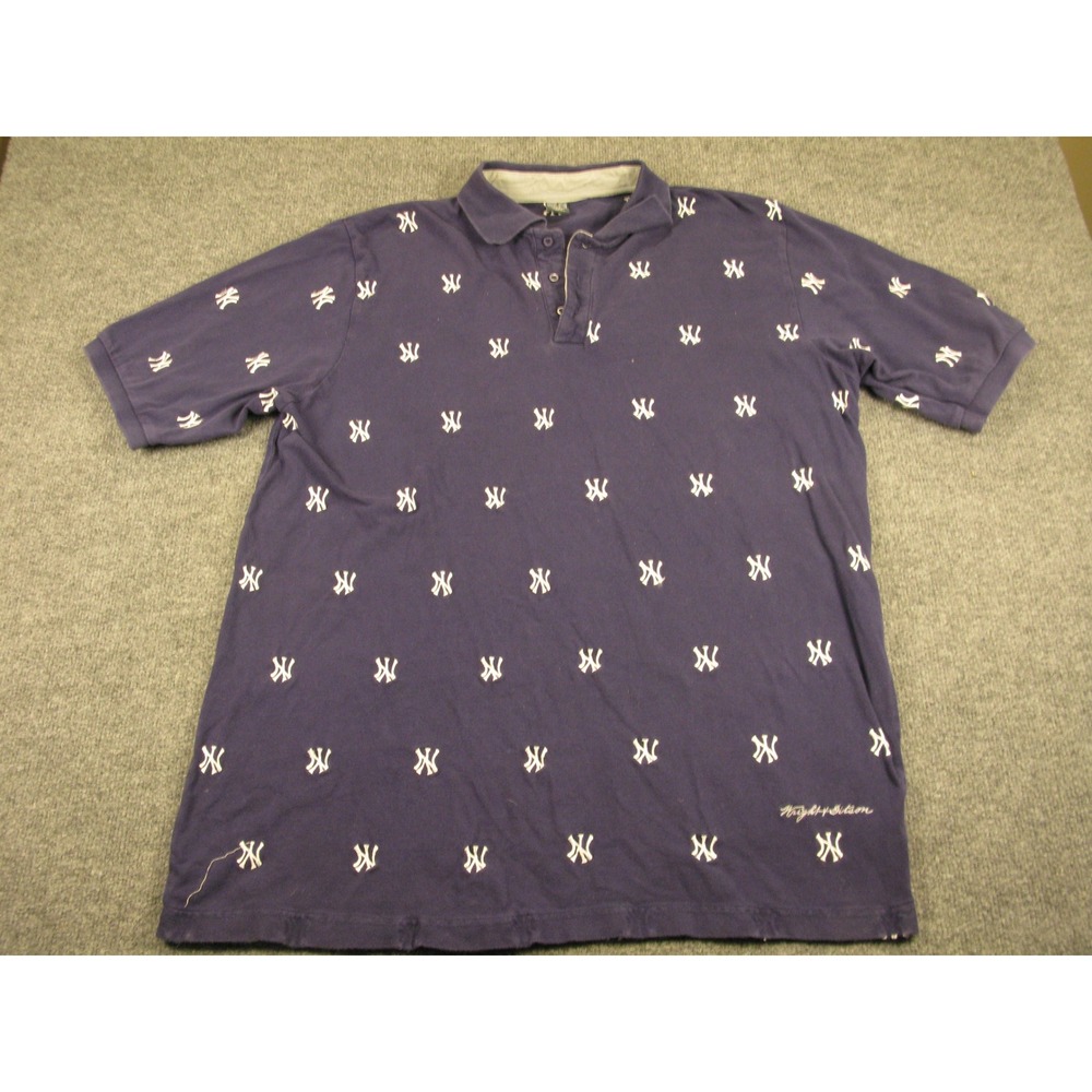 Wright & Ditson Men New York Yankees All Over Logo Embroidered Polo L Navy #2185